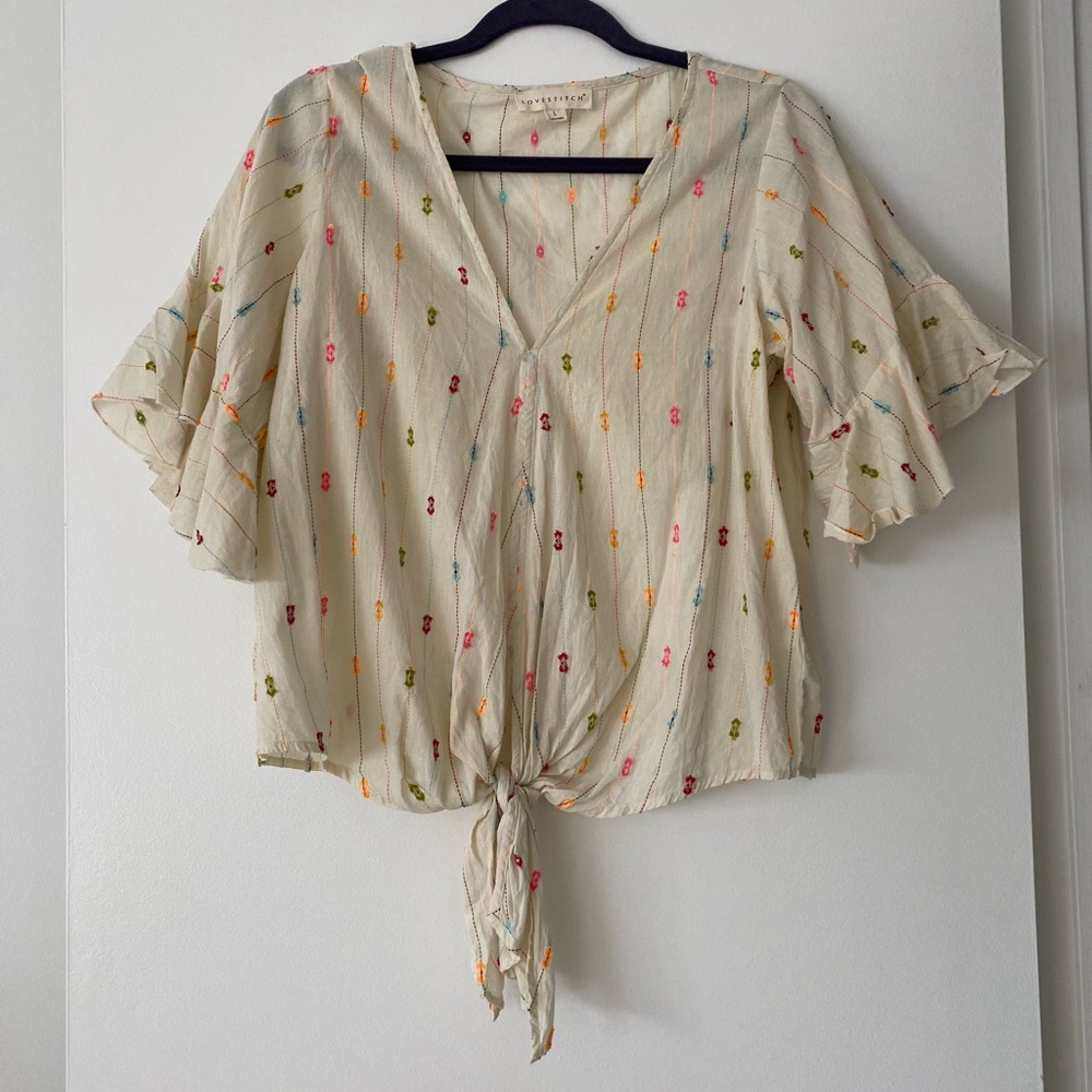 Love Stitch Colorful Embroidered Front Tie Tunic